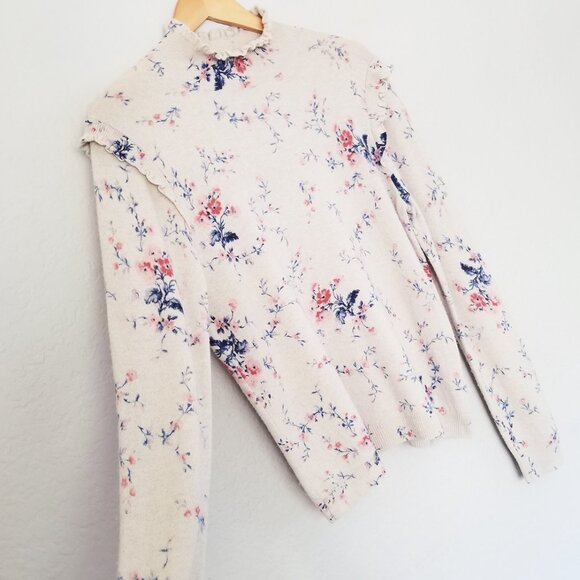 Joie Robbia Sweater L Wool Cashmere Blend Mock Neck Floral Ruffle Gesso $298 - Picture 14 of 16